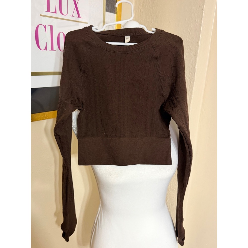 JoyLab Brown Textured Diamond Knit Cropped Long Sleeve Top with Thumbholes XS
